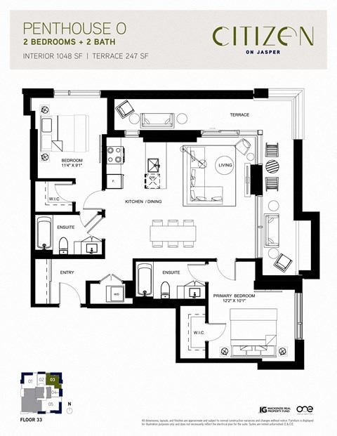 Floor plan for 2 beds, 2 baths, 1048 sqft